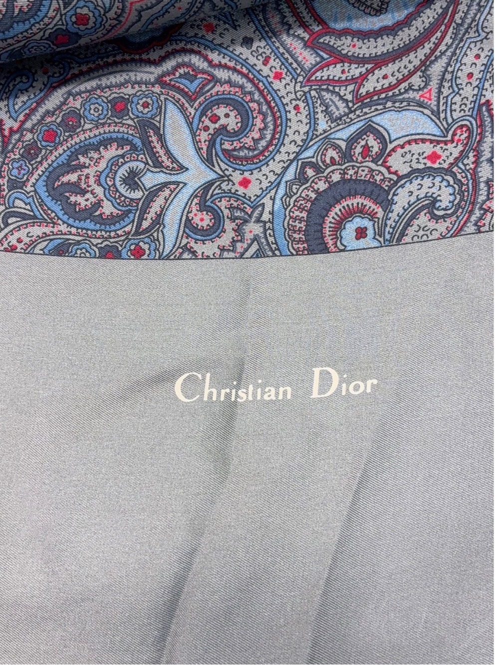 Christian Dior Reversible Paisley Fringe Scarf Shawl Gray Blue Wool Silk Luxury